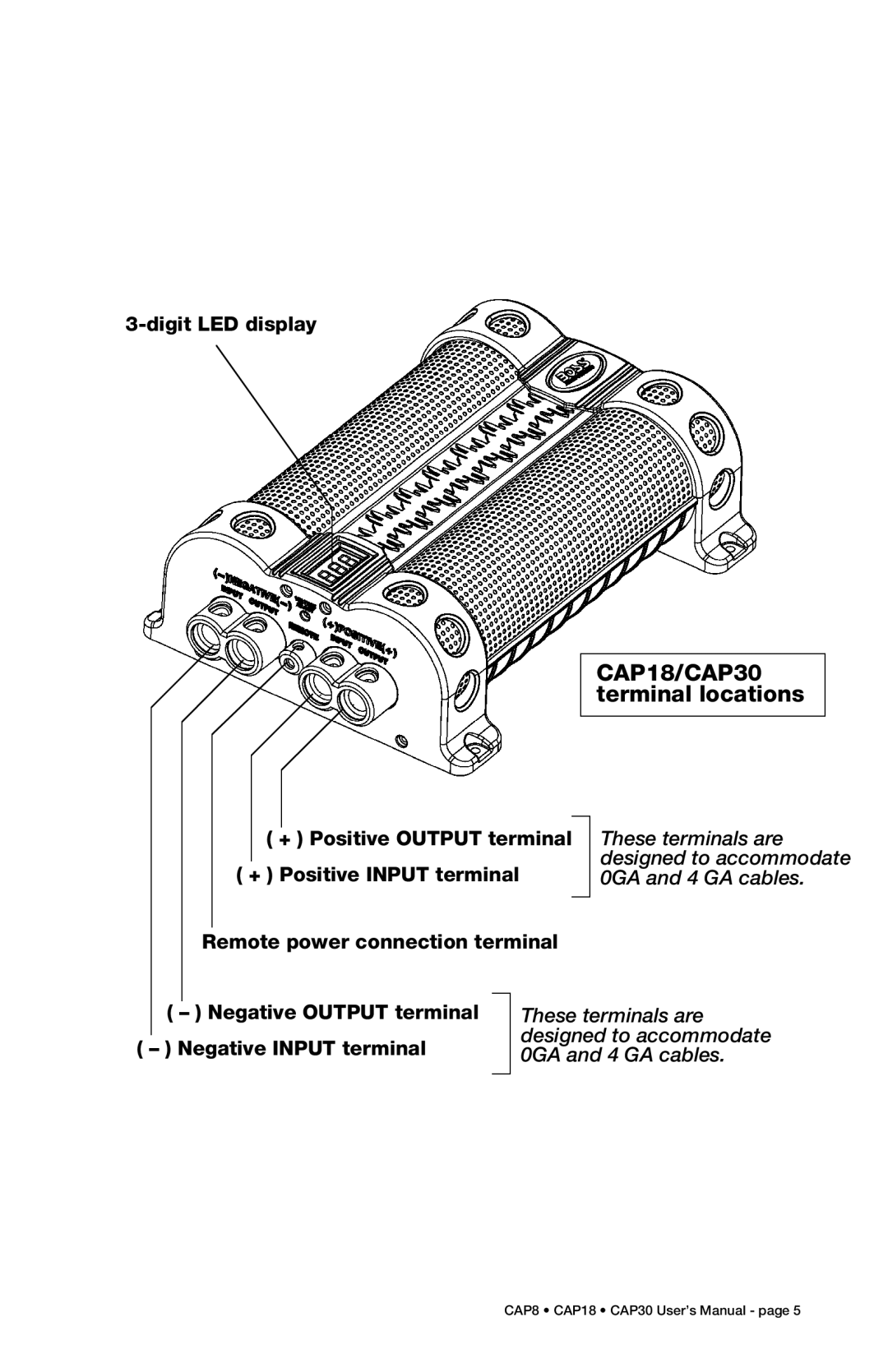 Boss Audio Systems CAP8 specifications CAP18/CAP30 terminal locations, Negative Output terminal Negative Input terminal 