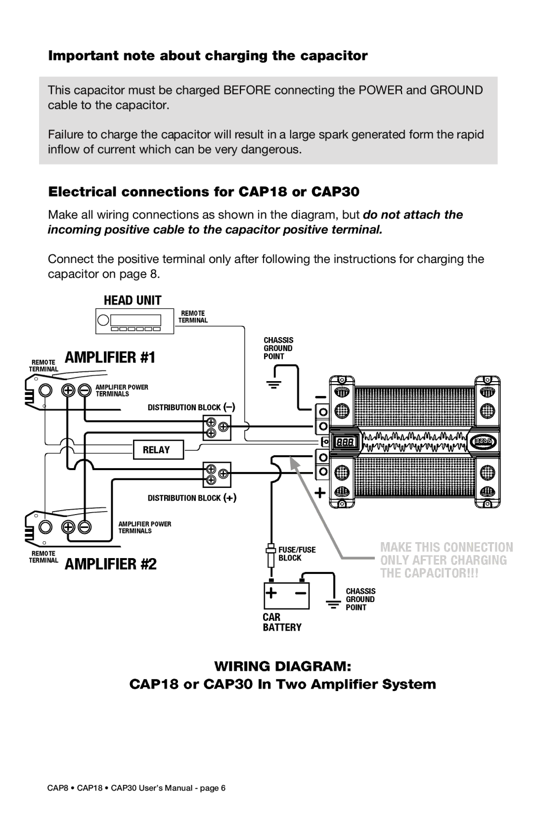 Boss Audio Systems CAP8 Important note about charging the capacitor, Electrical connections for CAP18 or CAP30 