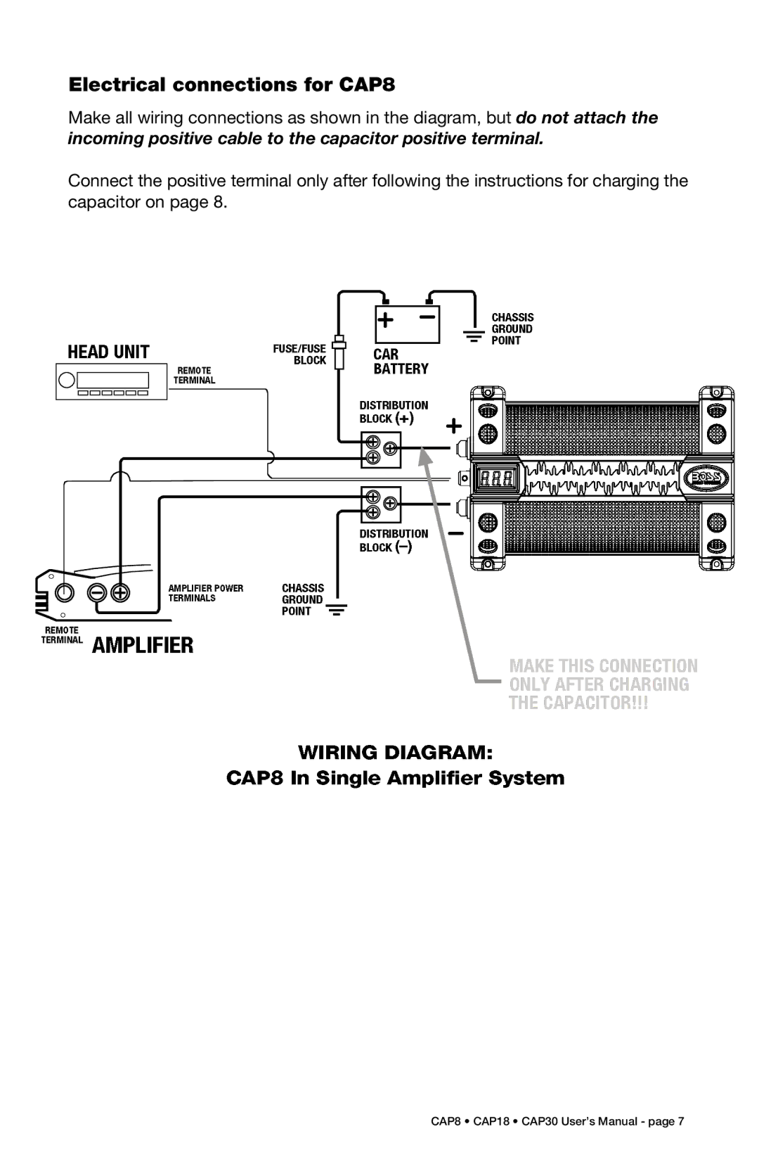 Boss Audio Systems CAP30, CAP18 specifications Electrical connections for CAP8 