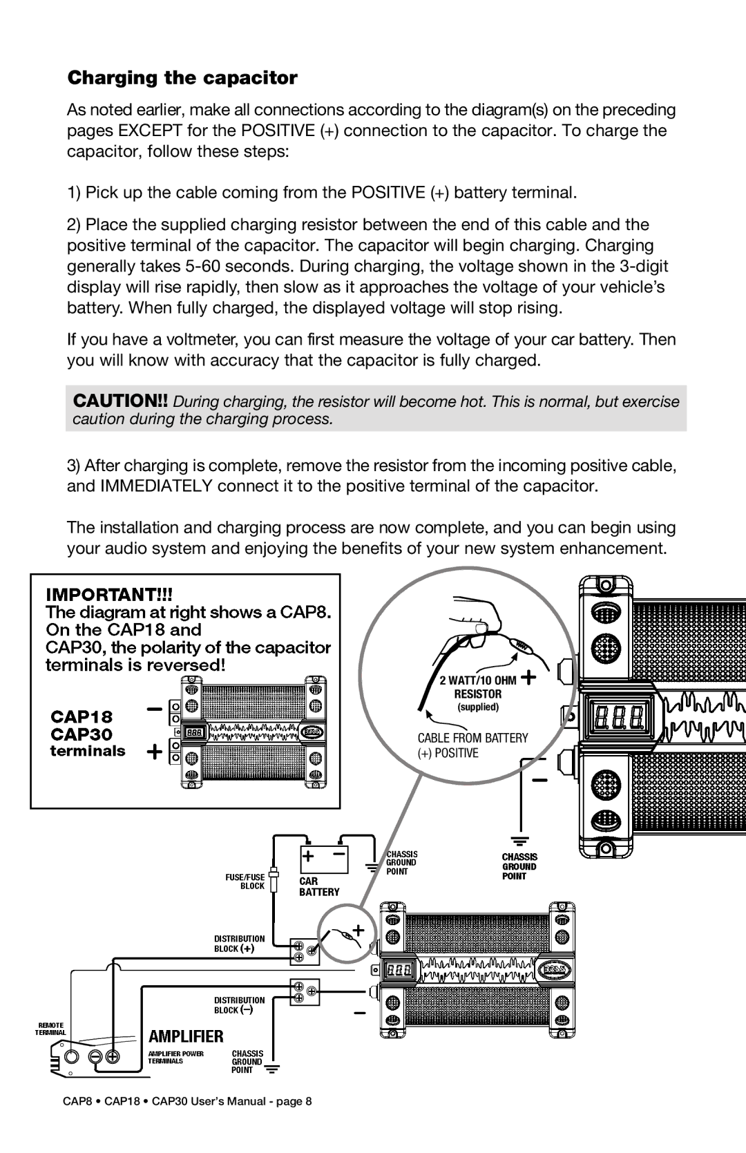 Boss Audio Systems CAP18, CAP30, CAP8 specifications Charging the capacitor 