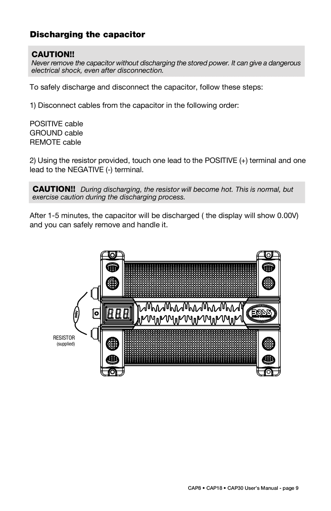 Boss Audio Systems CAP30, CAP8, CAP18 specifications Discharging the capacitor 