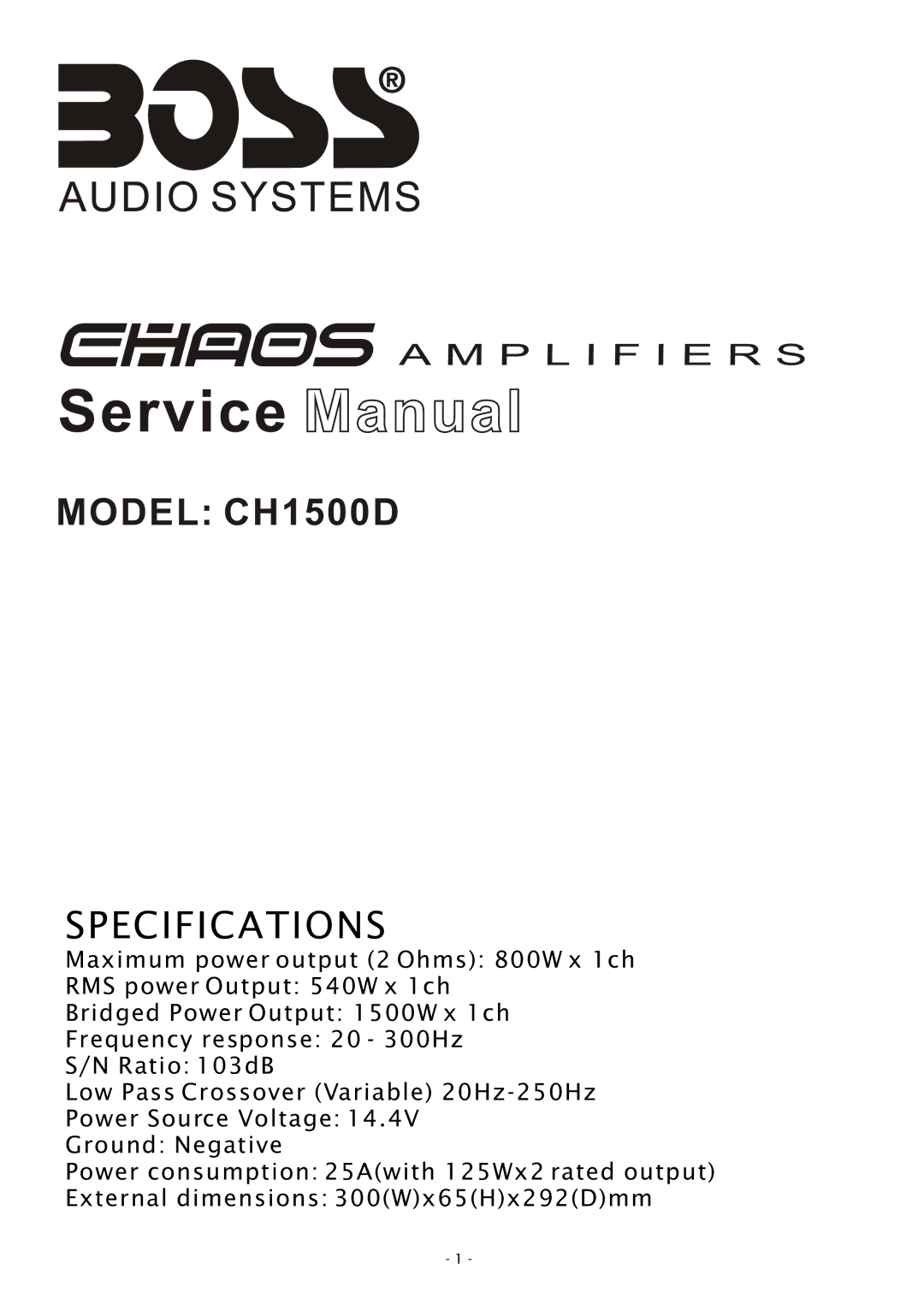 Boss Audio Systems specifications Model CH1500D 