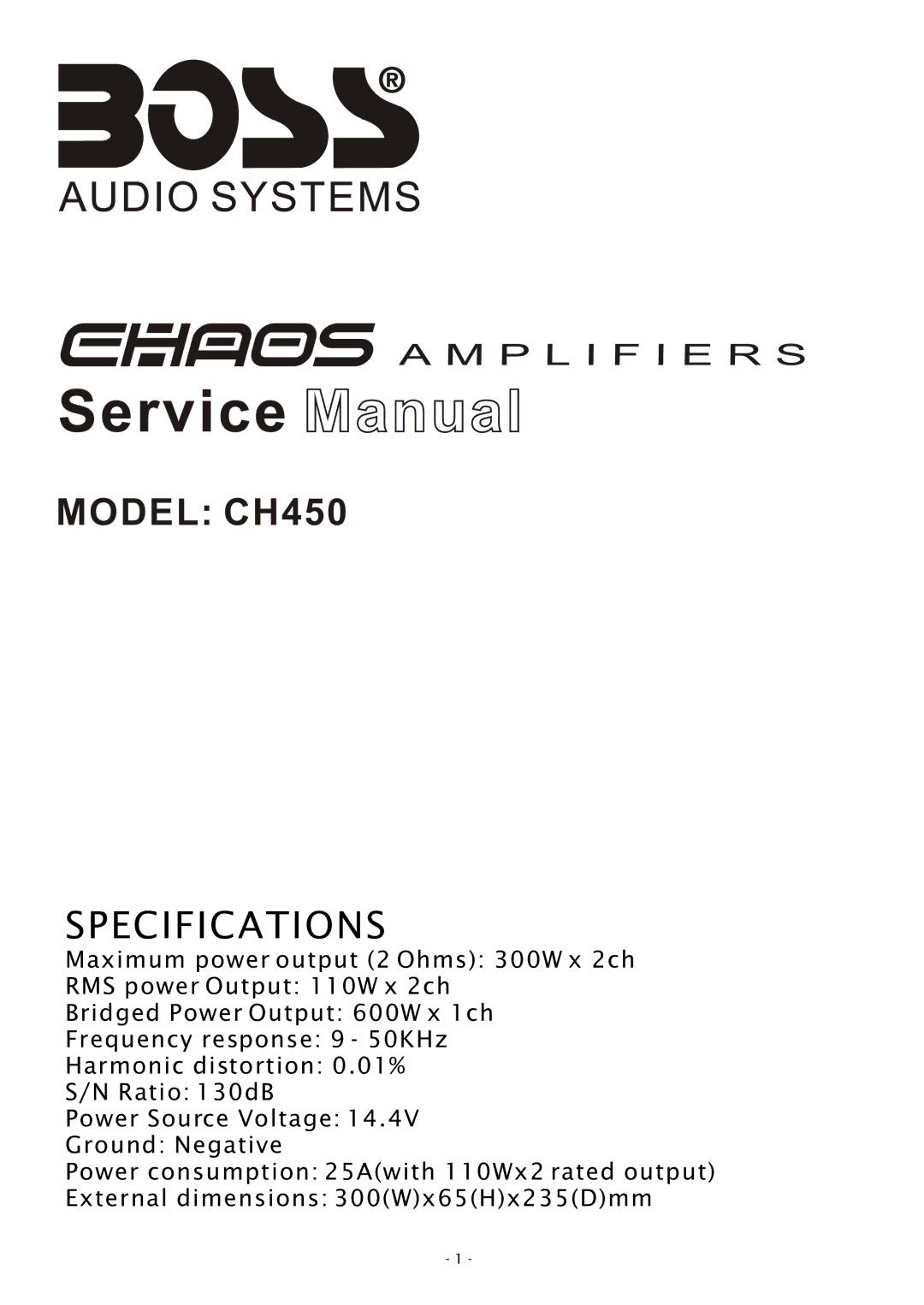 Boss Audio Systems specifications Model CH450 