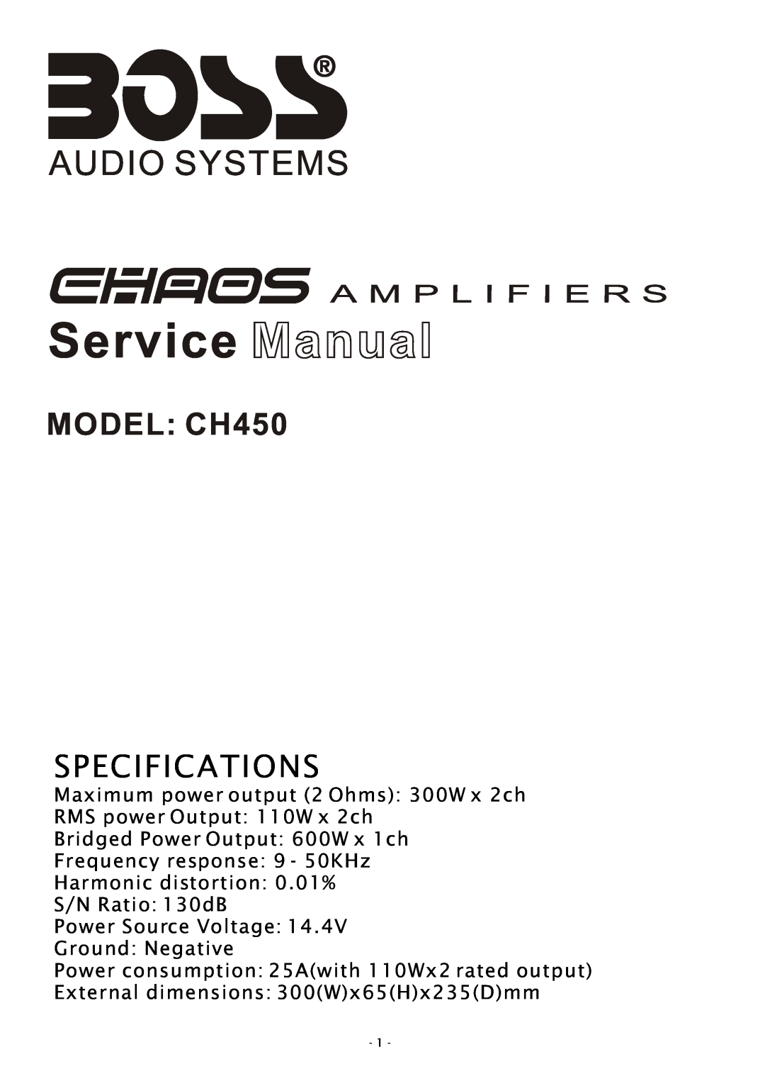 Boss Audio Systems specifications MODEL CH450, Specifications, External dimensions 300Wx65Hx235Dmm 