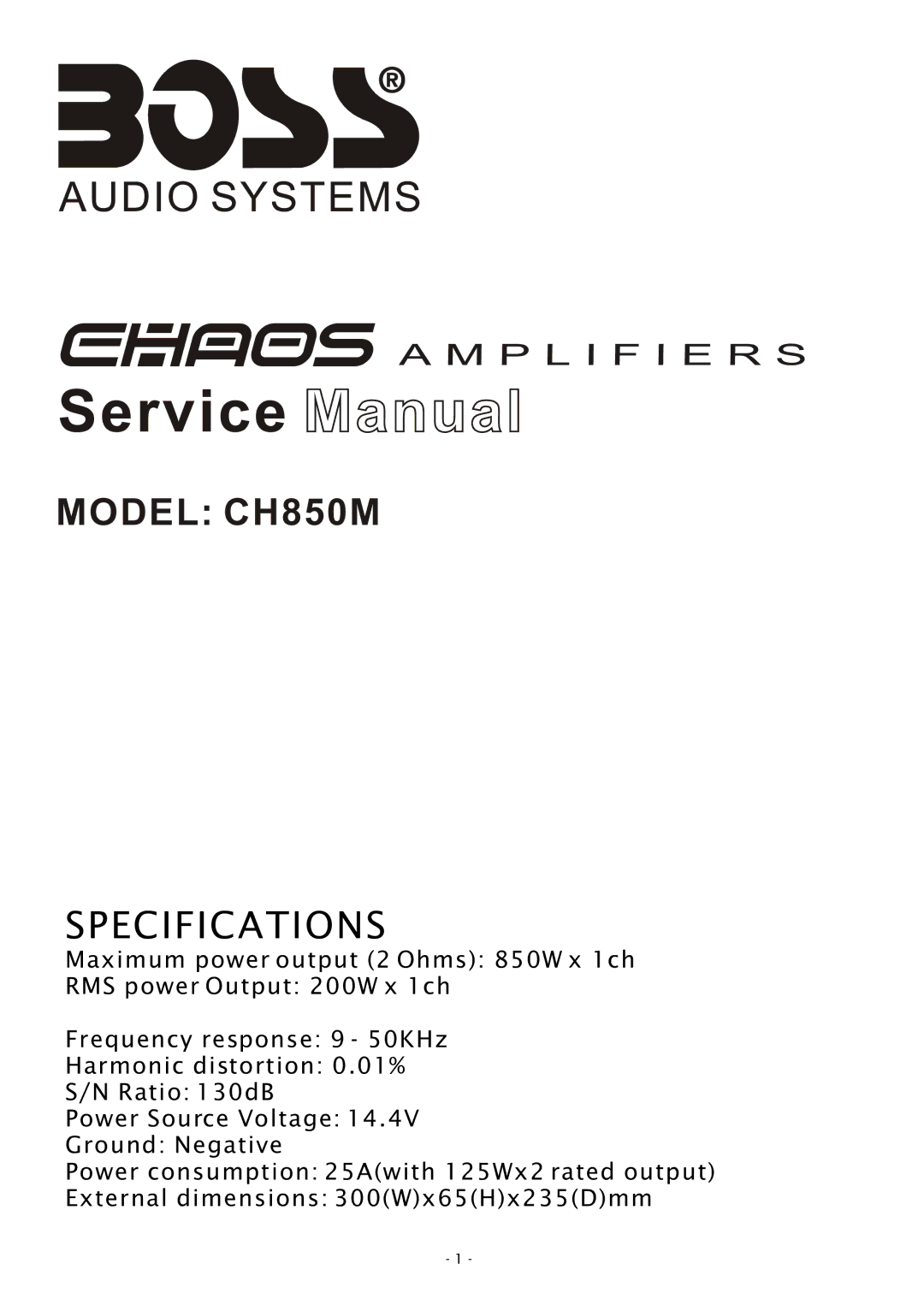 Boss Audio Systems specifications Model CH850M 