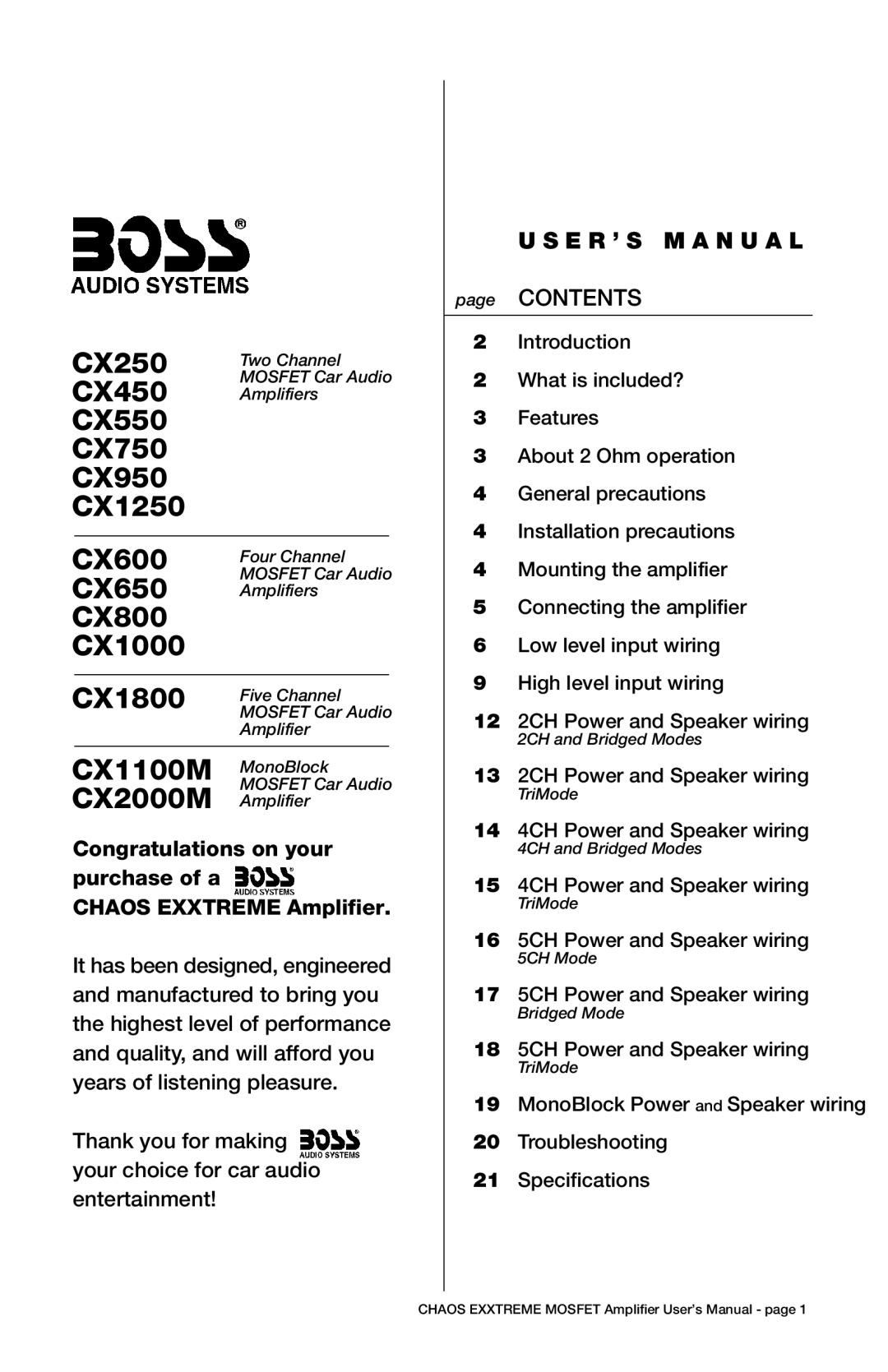 Boss Audio Systems CX1100M user manual CX2000M, E R ’ S M a N U a L 