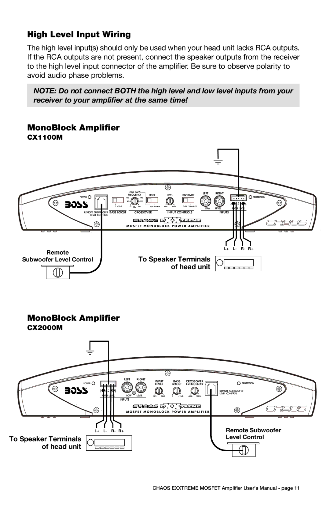 Boss Audio Systems CX1100M, CX2000M user manual To Speaker Terminals, Head unit 