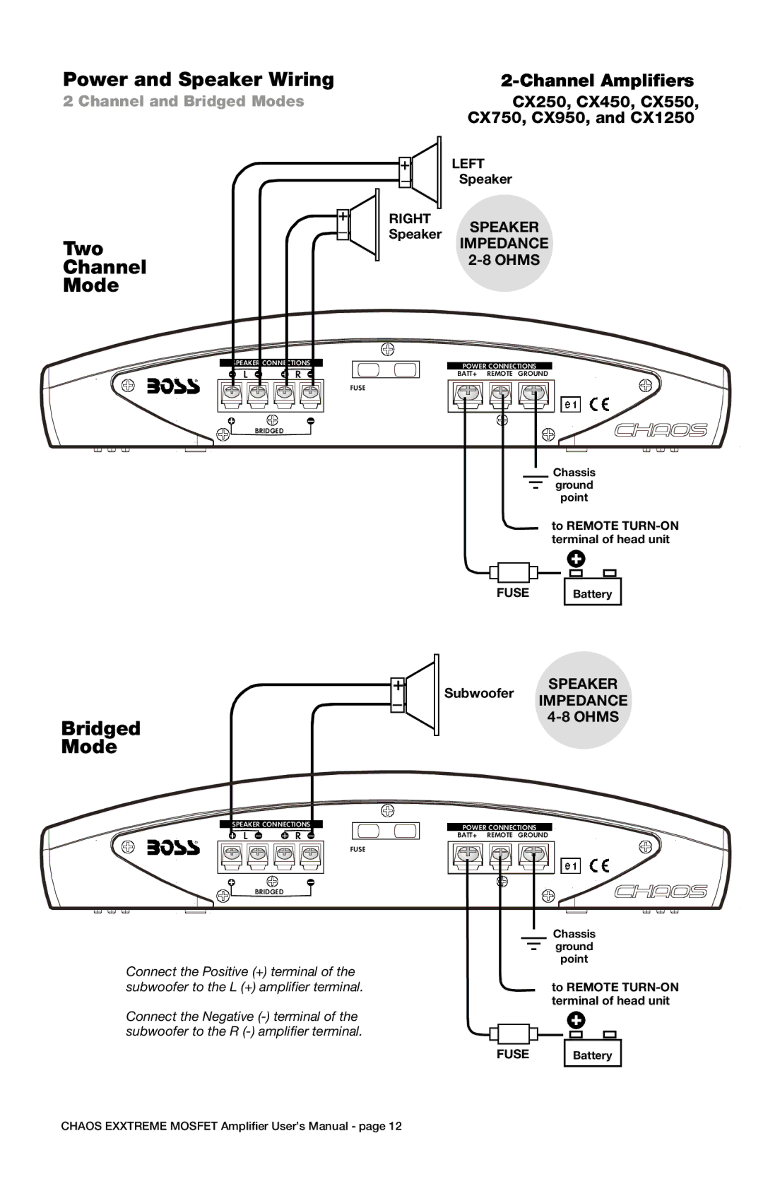 Boss Audio Systems CX2000M, CX1100M user manual Power and Speaker Wiring, Two, Channel, Bridged Mode 