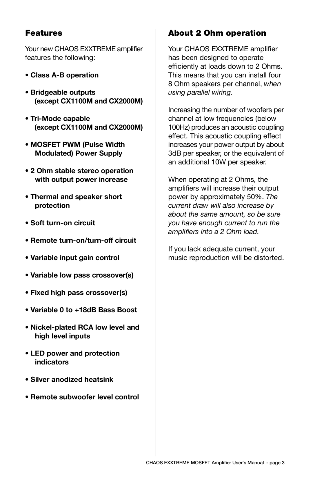 Boss Audio Systems CX1100M, CX2000M user manual Features, About 2 Ohm operation 