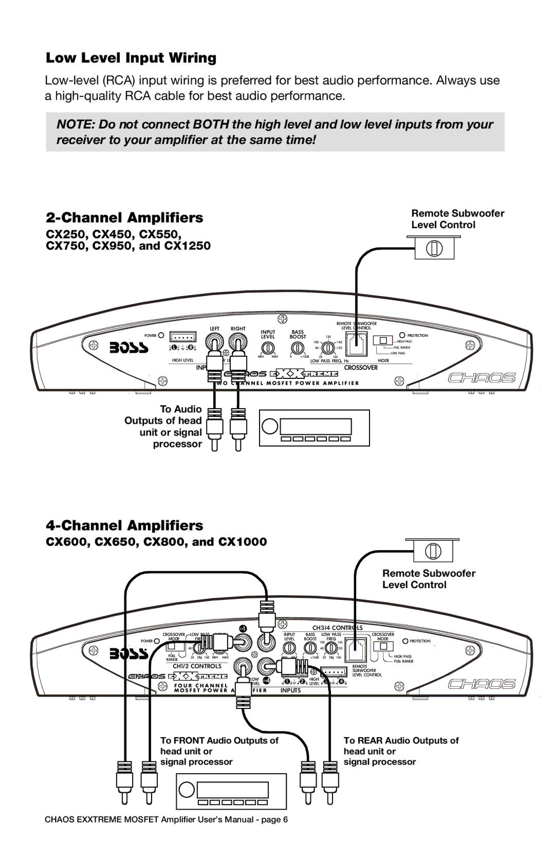 Boss Audio Systems CX2000M Low Level Input Wiring, Channel Amplifiers, CX250, CX450, CX550 CX750, CX950, and CX1250 