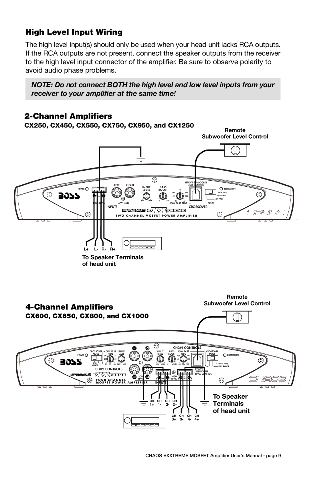 Boss Audio Systems CX1100M High Level Input Wiring, CX250, CX450, CX550, CX750, CX950, and CX1250, To Speaker, Terminals 