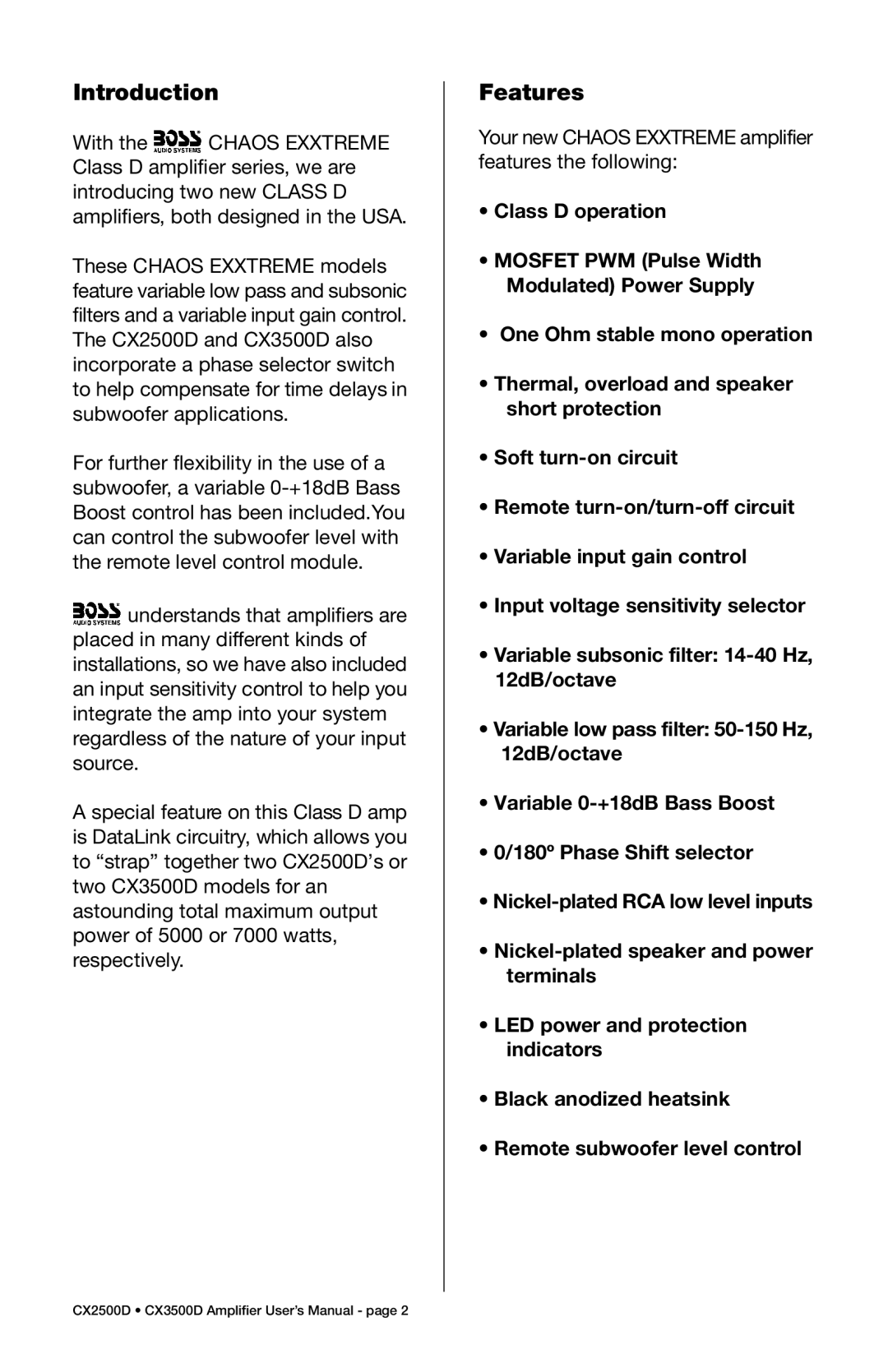 Boss Audio Systems CX2500D, CX3500D specifications Introduction, Features 