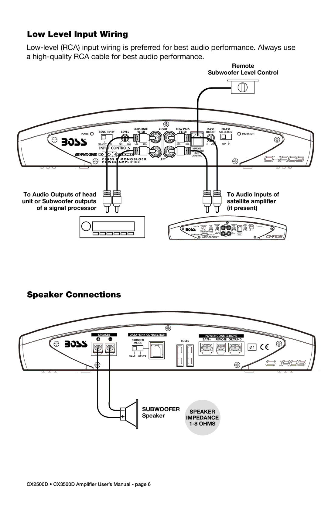 Boss Audio Systems CX2500D, CX3500D specifications Low Level Input Wiring, Speaker Connections 