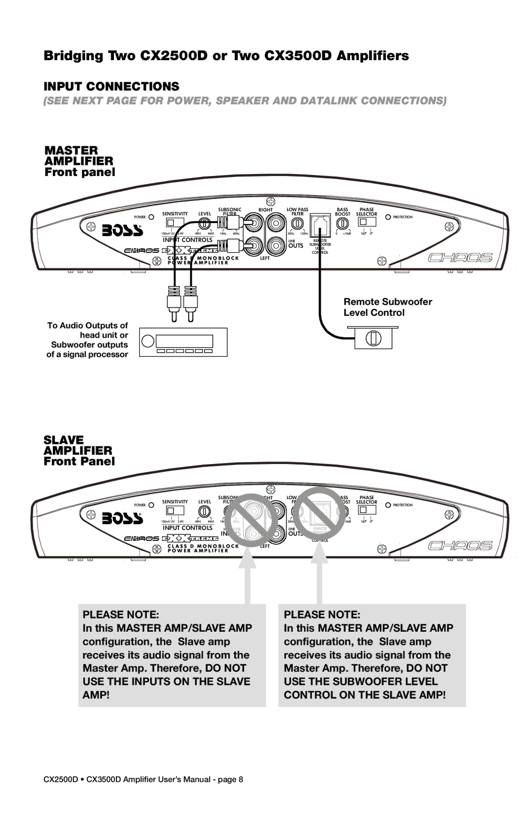 Boss Audio Systems specifications Bridging Two CX2500D or Two CX3500D Amplifiers, Master Amplifier 