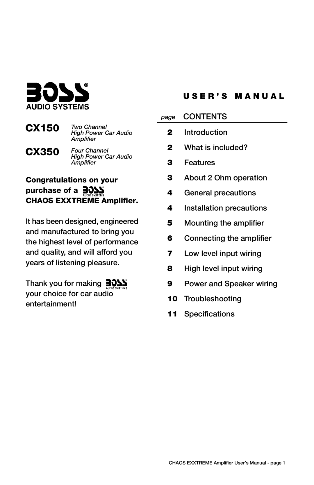 Boss Audio Systems CX150 specifications CX350, E R ’ S M a N U a L 