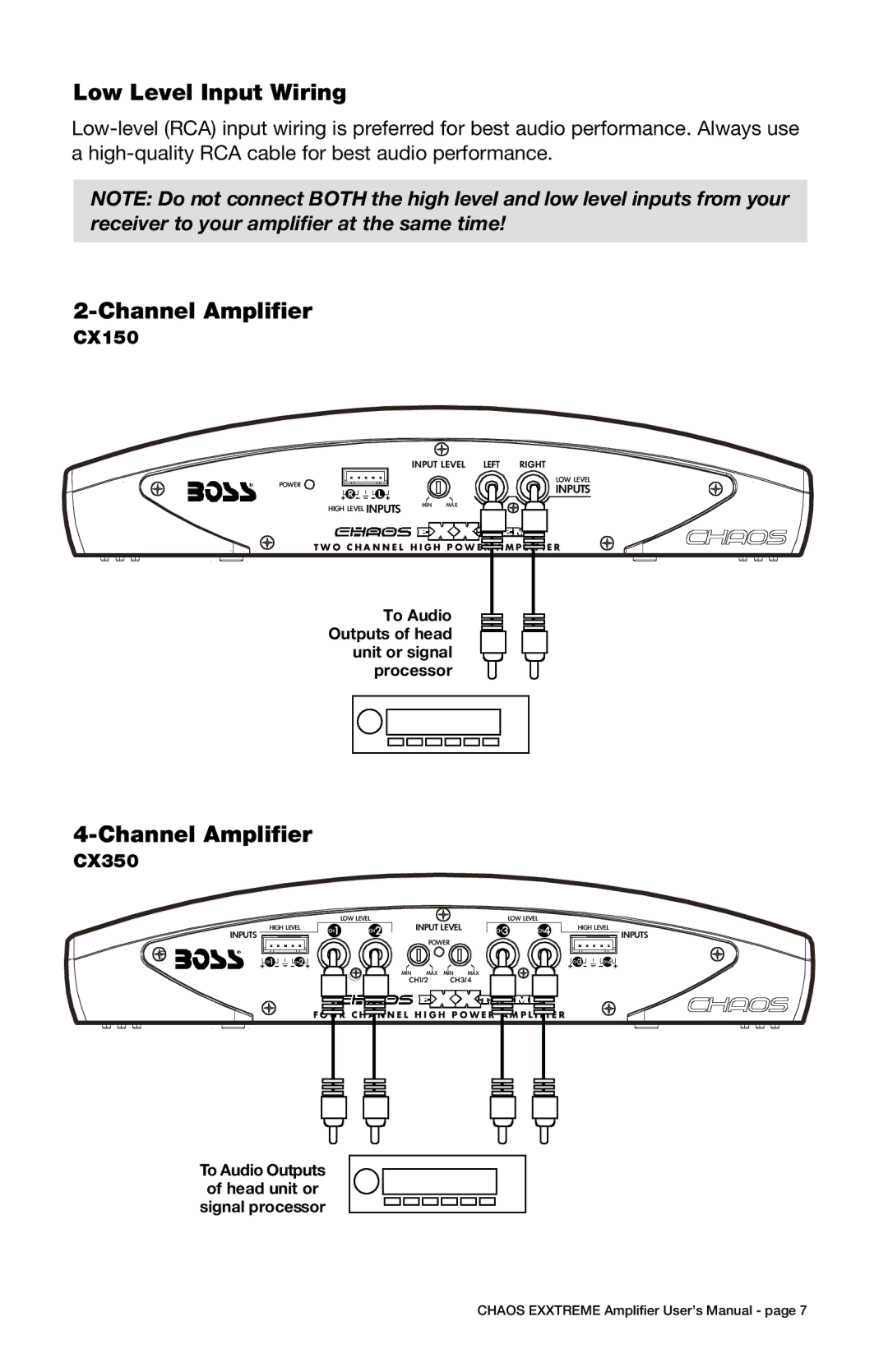 Boss Audio Systems CX150, CX350 specifications Low Level Input Wiring, Channel Amplifier 