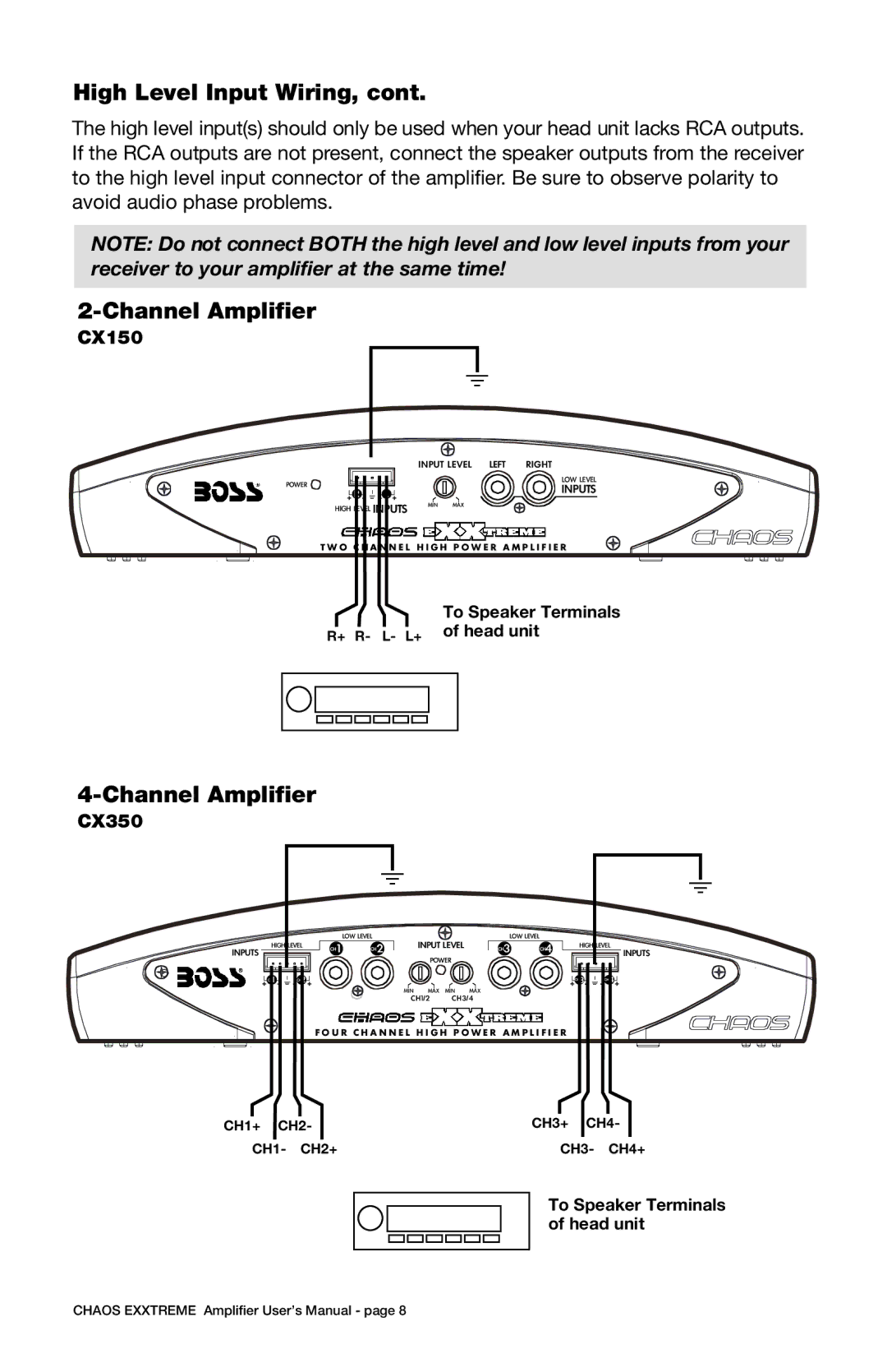 Boss Audio Systems CX350, CX150 specifications High Level Input Wiring 