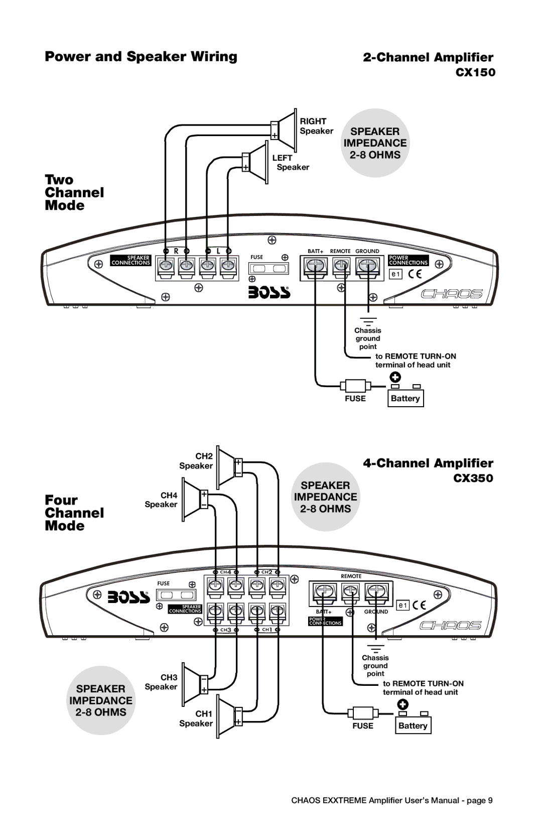 Boss Audio Systems CX150, CX350 specifications Power and Speaker Wiring, Two, Channel Mode, Four 