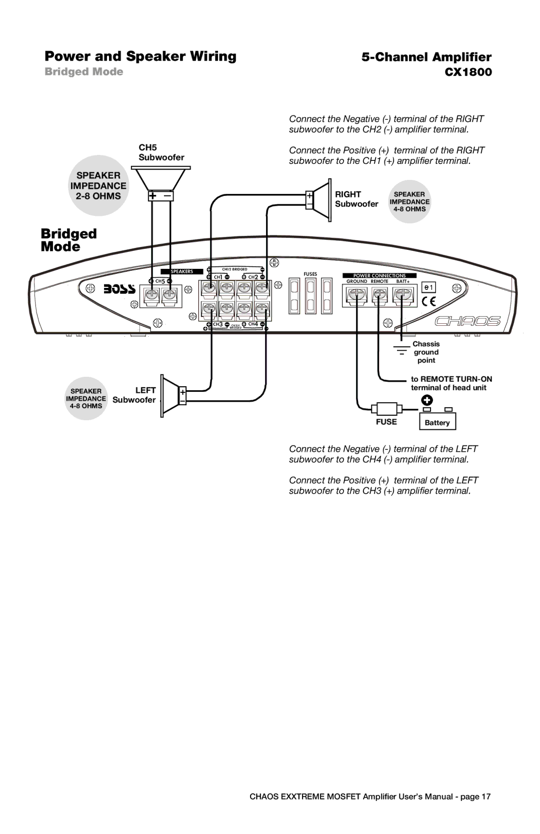 Boss Audio Systems cx550, cx450, CX250, CX1250, CX950, CX750 user manual Bridged Mode 