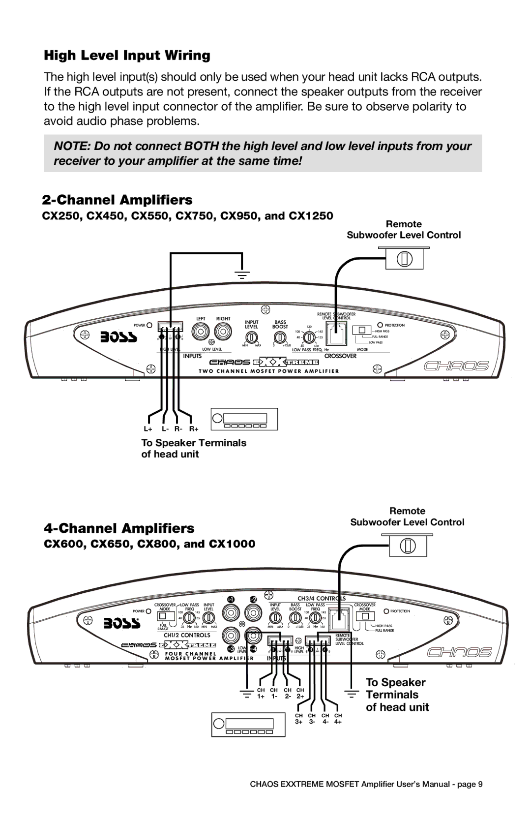 Boss Audio Systems cx450 High Level Input Wiring, CX250, CX450, CX550, CX750, CX950, and CX1250, To Speaker, Terminals 