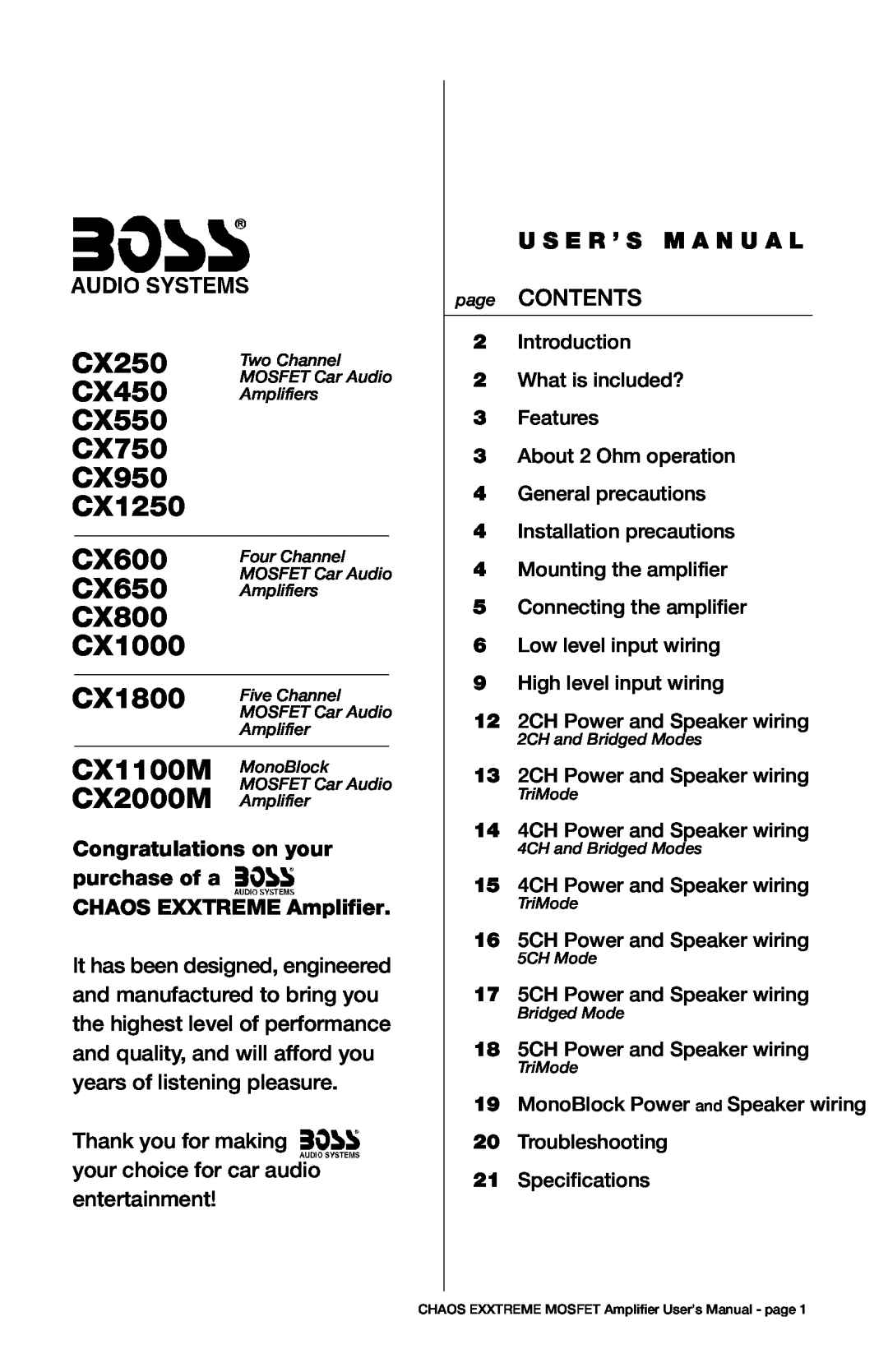 Boss Audio Systems CX250 user manual CX450, CX550, CX750, CX950, CX1250, CX600, CX650, CX800, CX1000, CX1800, CX1100M 