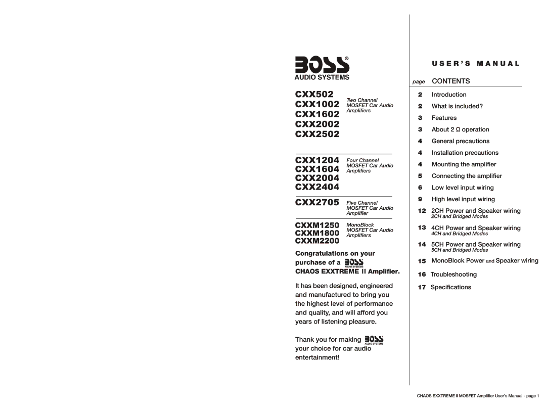 Boss Audio Systems CXXM2200, CXXM1250, CXX1204, CXX1602 manual 