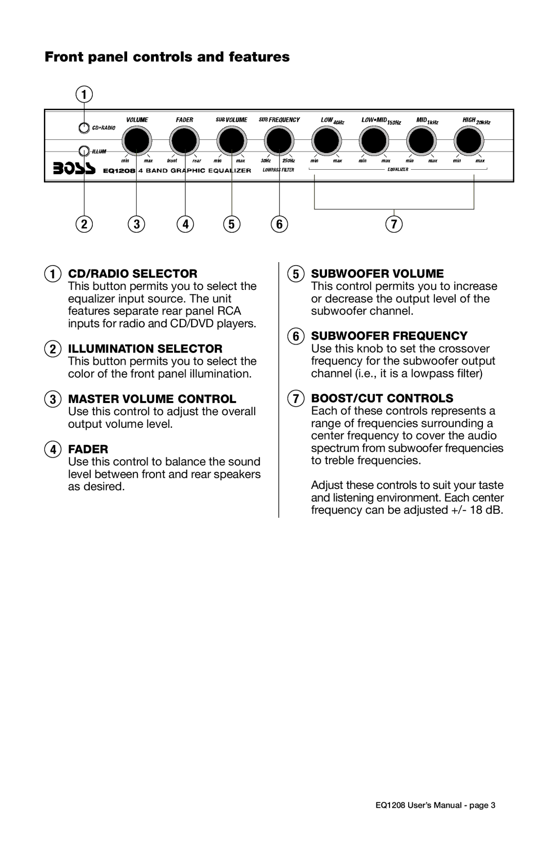 Boss Audio Systems EQ1208 user manual Front panel controls and features 