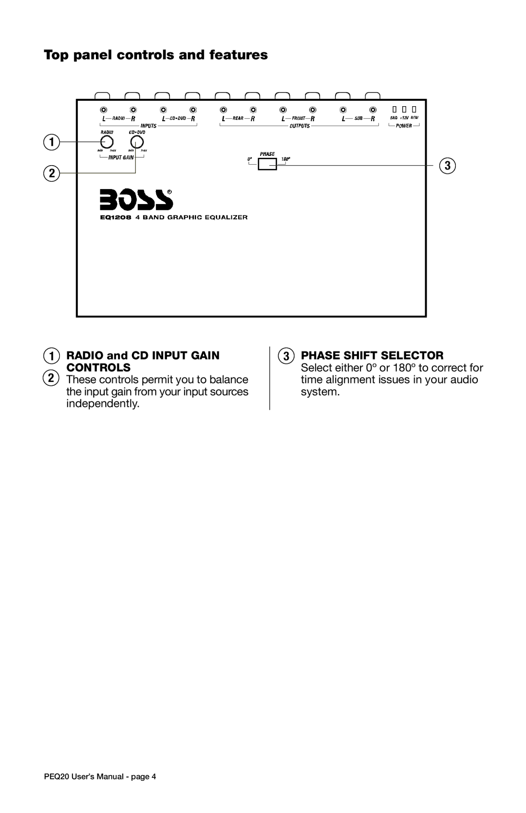 Boss Audio Systems EQ1208 user manual Top panel controls and features, Controls, Phase Shift Selector 