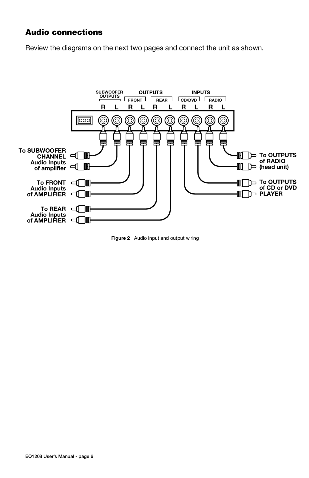 Boss Audio Systems EQ1208 user manual Audio connections, R L 