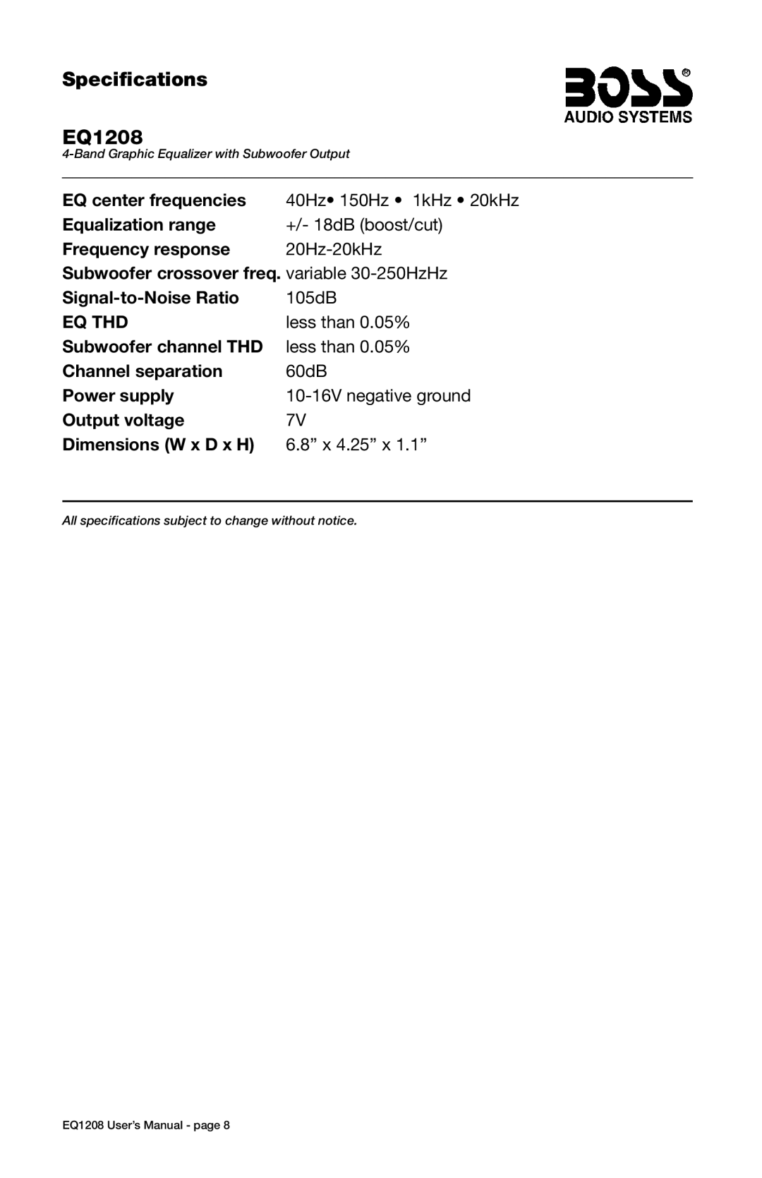 Boss Audio Systems user manual Specifications EQ1208, Eq Thd 