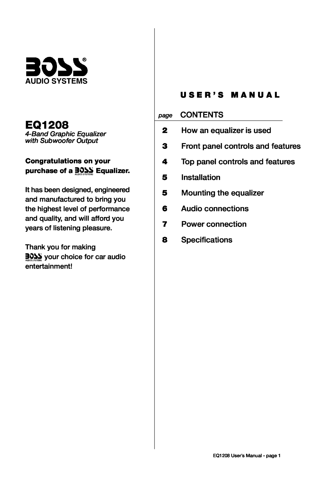 Boss Audio Systems EQ1208 user manual U S E R ’ S M A N U A L, page CONTENTS, 2How an equalizer is used 