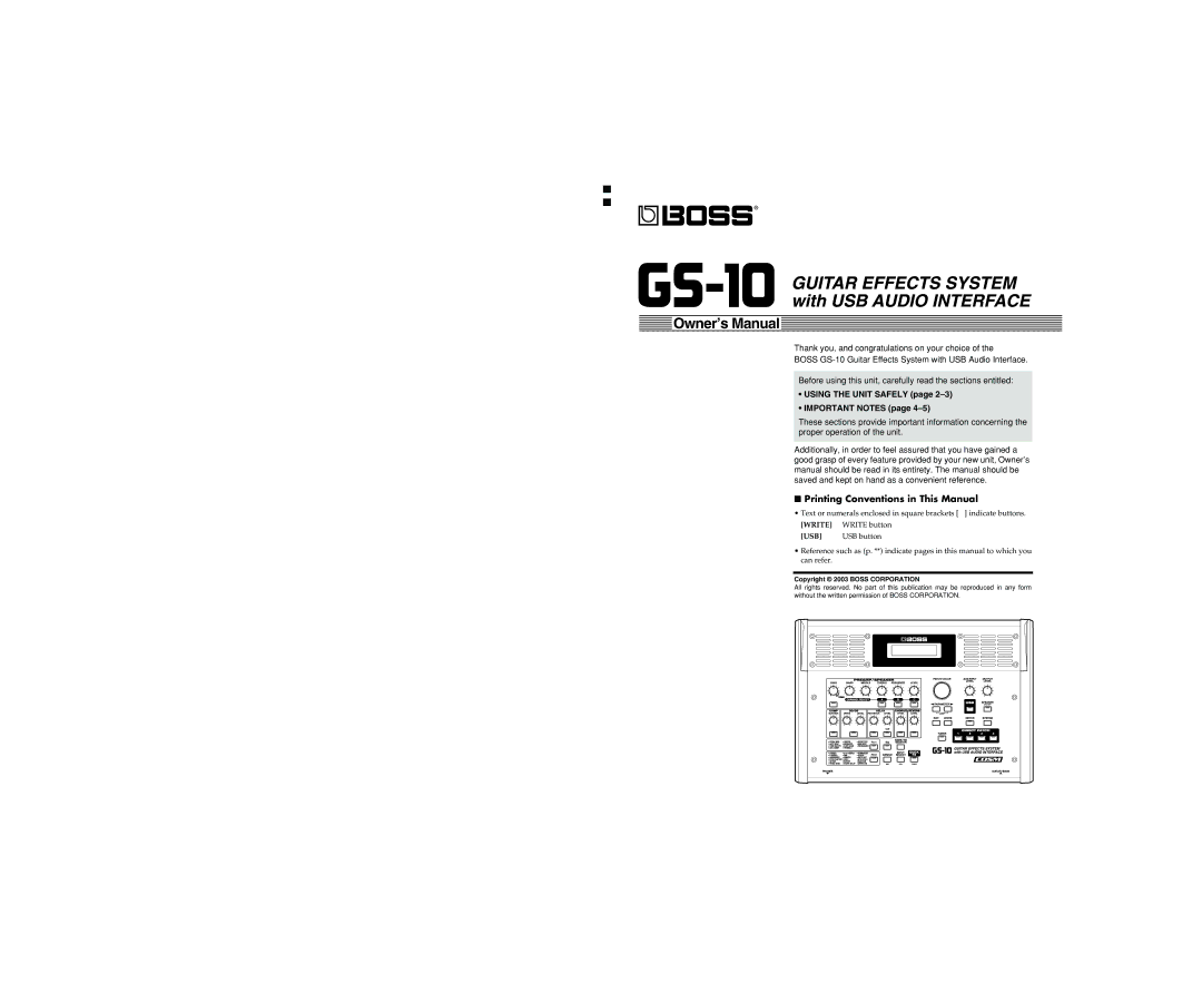 Boss Audio Systems GS-10 owner manual Printing Conventions in This Manual, Write button, USB button 