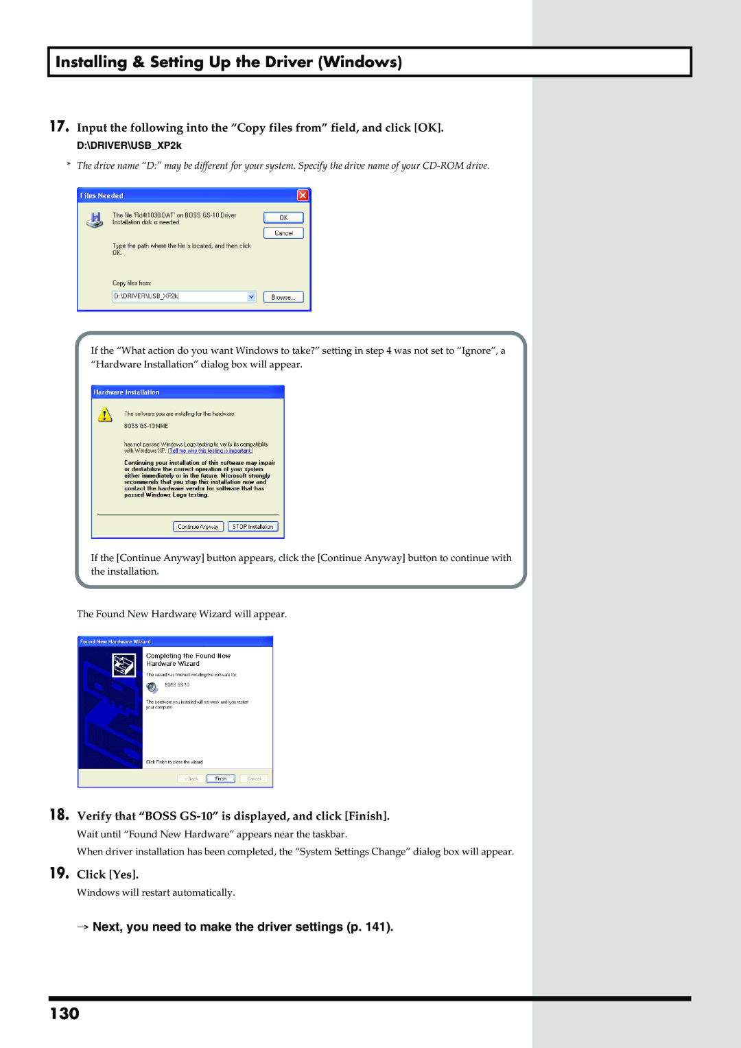 Boss Audio Systems owner manual 130, Verify that Boss GS-10 is displayed, and click Finish, Click Yes 