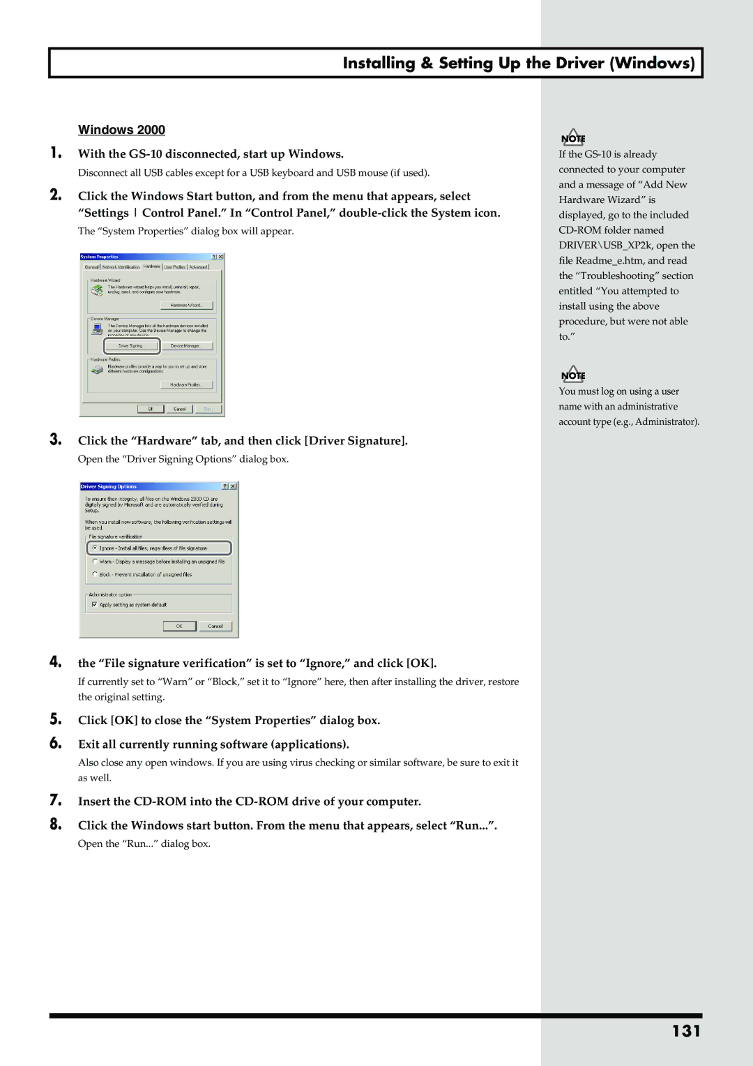 Boss Audio Systems GS-10 owner manual 131, Windows, Click the Hardware tab, and then click Driver Signature 