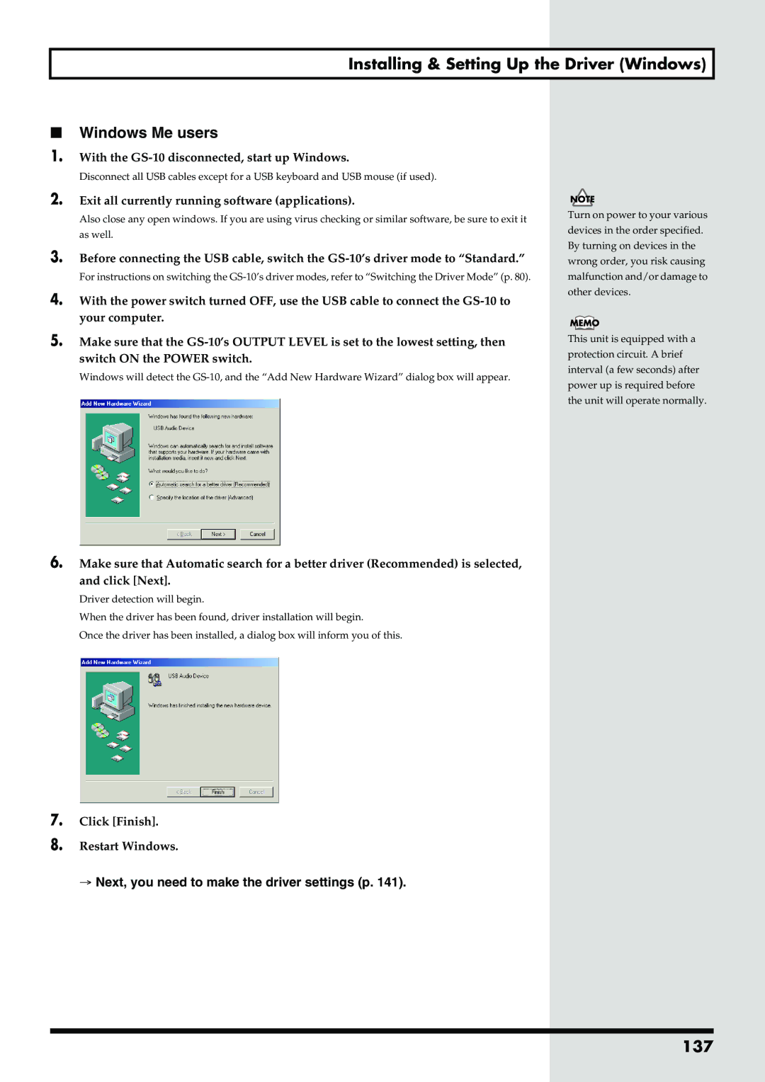 Boss Audio Systems GS-10 Installing & Setting Up the Driver Windows Windows Me users, 137, Click Finish Restart Windows 