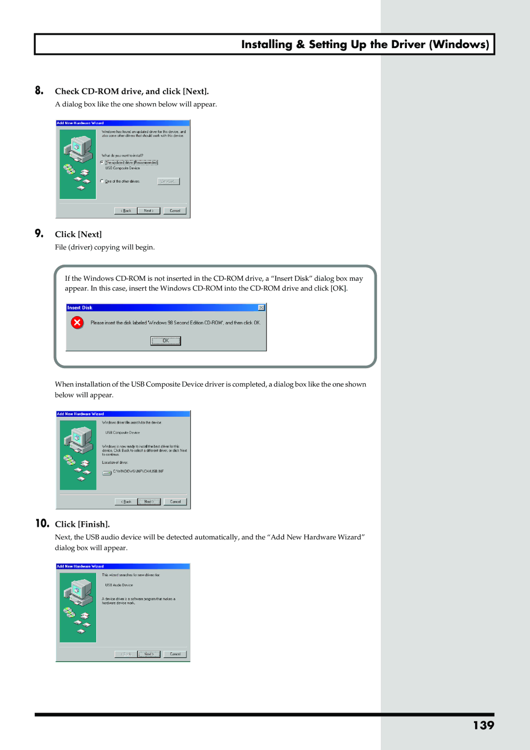 Boss Audio Systems GS-10 owner manual 139, Check CD-ROM drive, and click Next, Click Next, Click Finish 