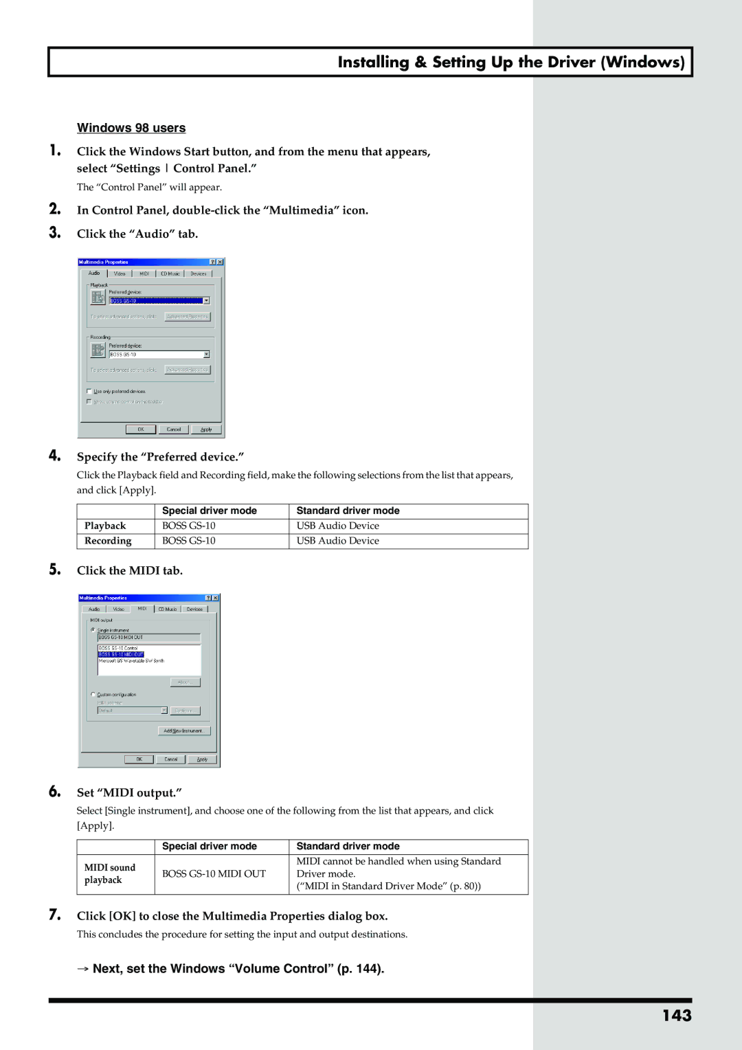 Boss Audio Systems GS-10 owner manual 143, Windows 98 users 