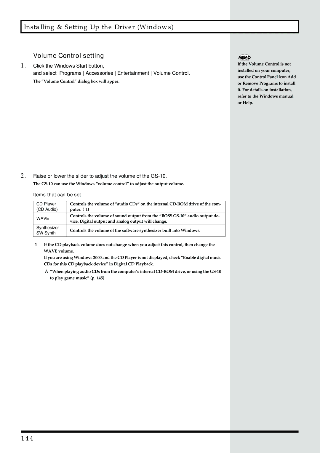 Boss Audio Systems owner manual 144, Raise or lower the slider to adjust the volume of the GS-10, Items that can be set 