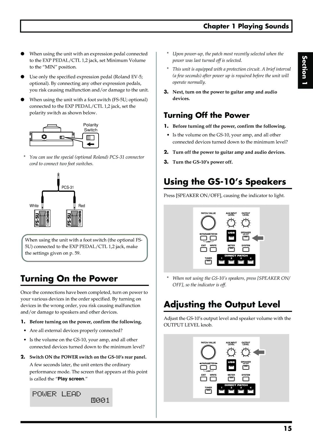 Boss Audio Systems Turning On the Power, Using the GS-10’s Speakers, Adjusting the Output Level, Turning Off the Power 