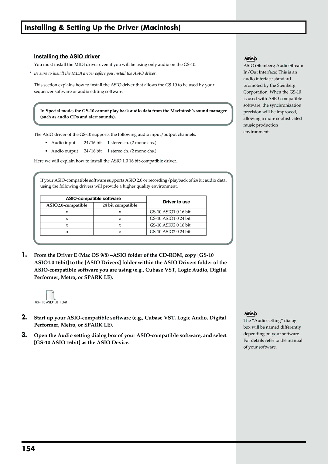 Boss Audio Systems GS-10 owner manual 154, Installing the Asio driver 