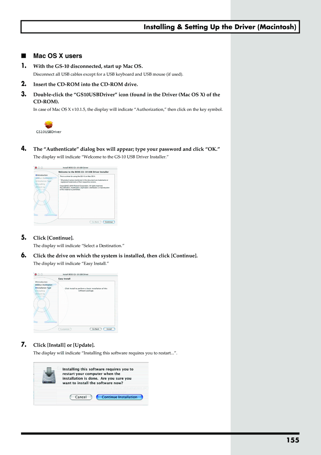 Boss Audio Systems GS-10 owner manual Installing & Setting Up the Driver Macintosh 155 