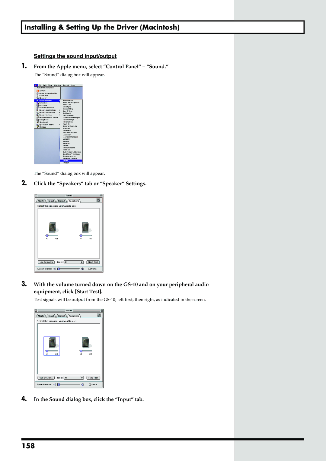 Boss Audio Systems GS-10 owner manual 158, Settings the sound input/output, From the Apple menu, select Control Panel Sound 