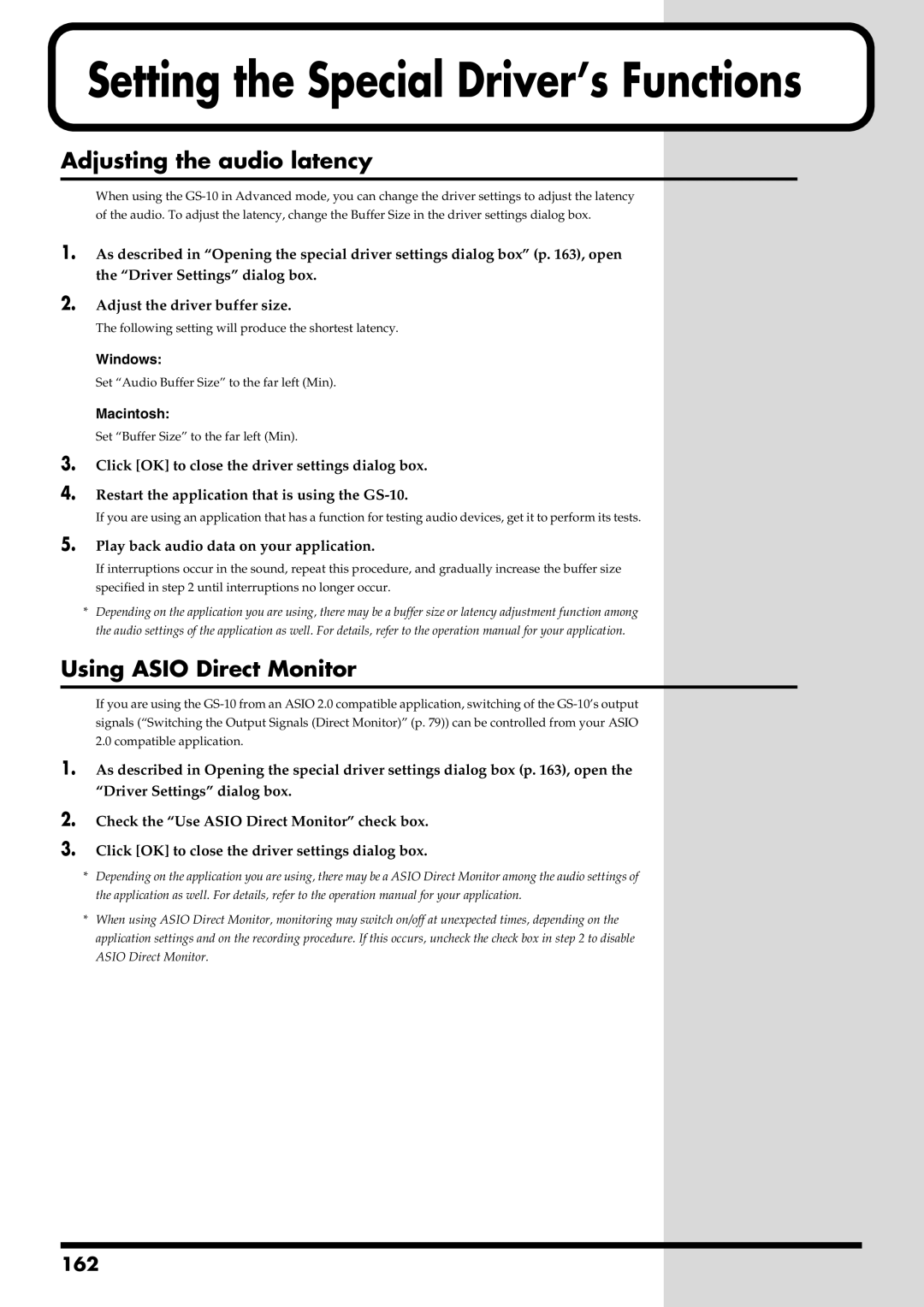 Boss Audio Systems GS-10 owner manual Adjusting the audio latency, Using Asio Direct Monitor, 162 