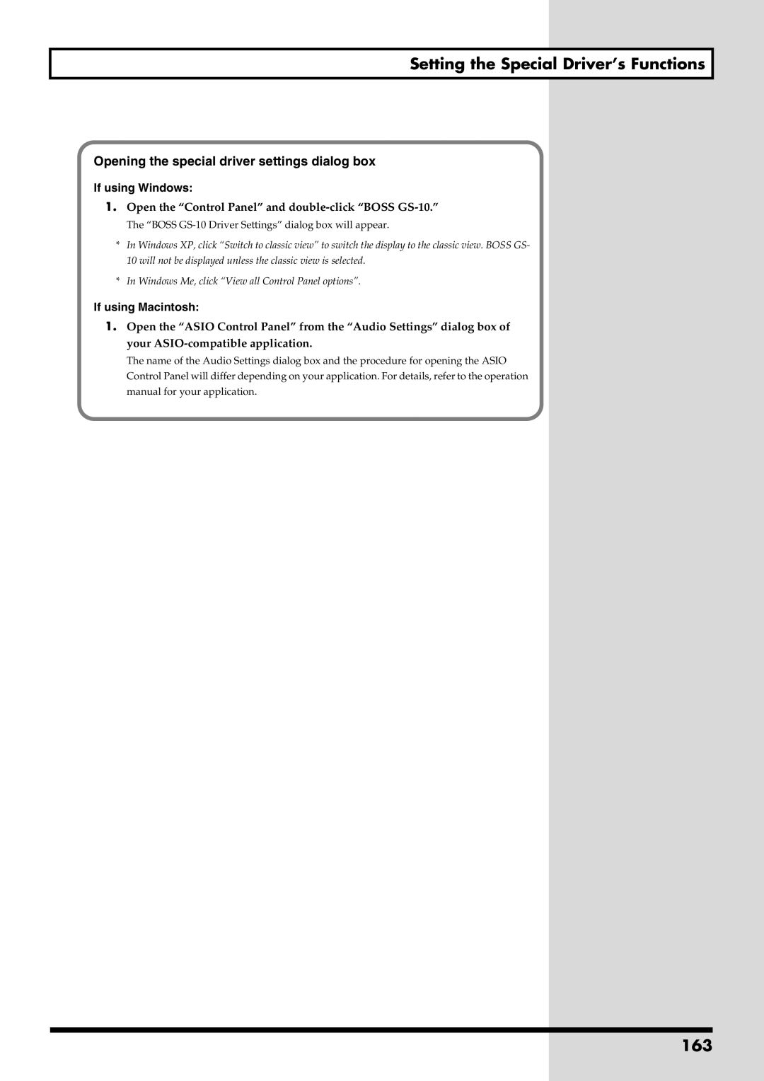 Boss Audio Systems GS-10 Setting the Special Driver’s Functions, 163, Opening the special driver settings dialog box 