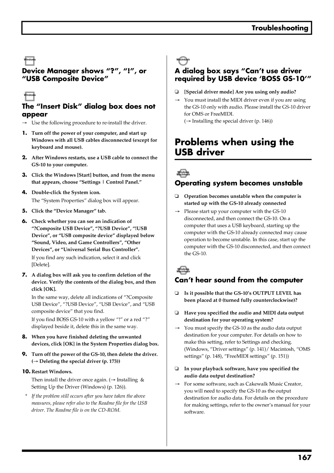 Boss Audio Systems GS-10 owner manual Problems when using the USB driver, Operating system becomes unstable, 167 