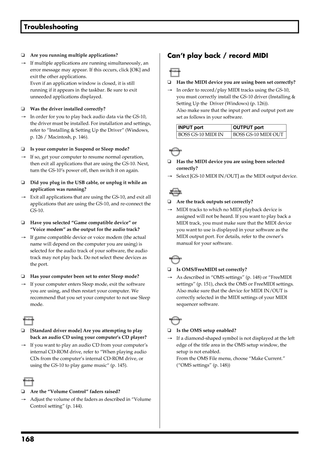 Boss Audio Systems GS-10 owner manual Can’t play back / record Midi, 168, Input port Output port 