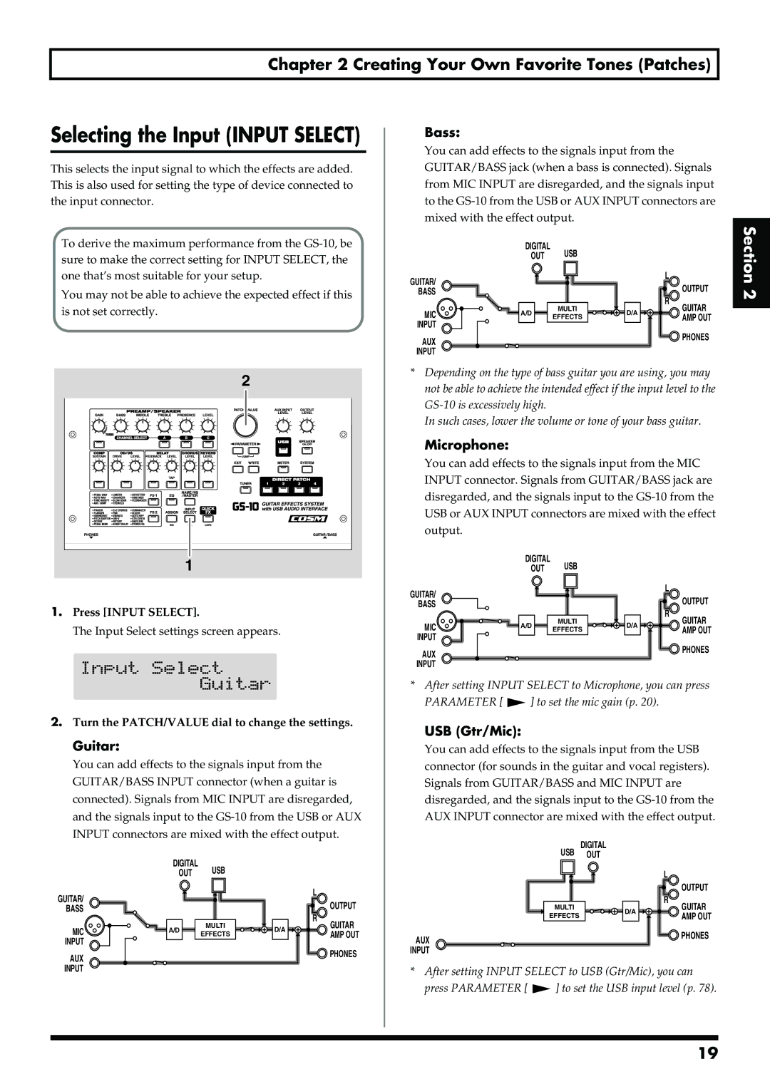 Boss Audio Systems GS-10 owner manual Selecting the Input Input Select, Creating Your Own Favorite Tones Patches 