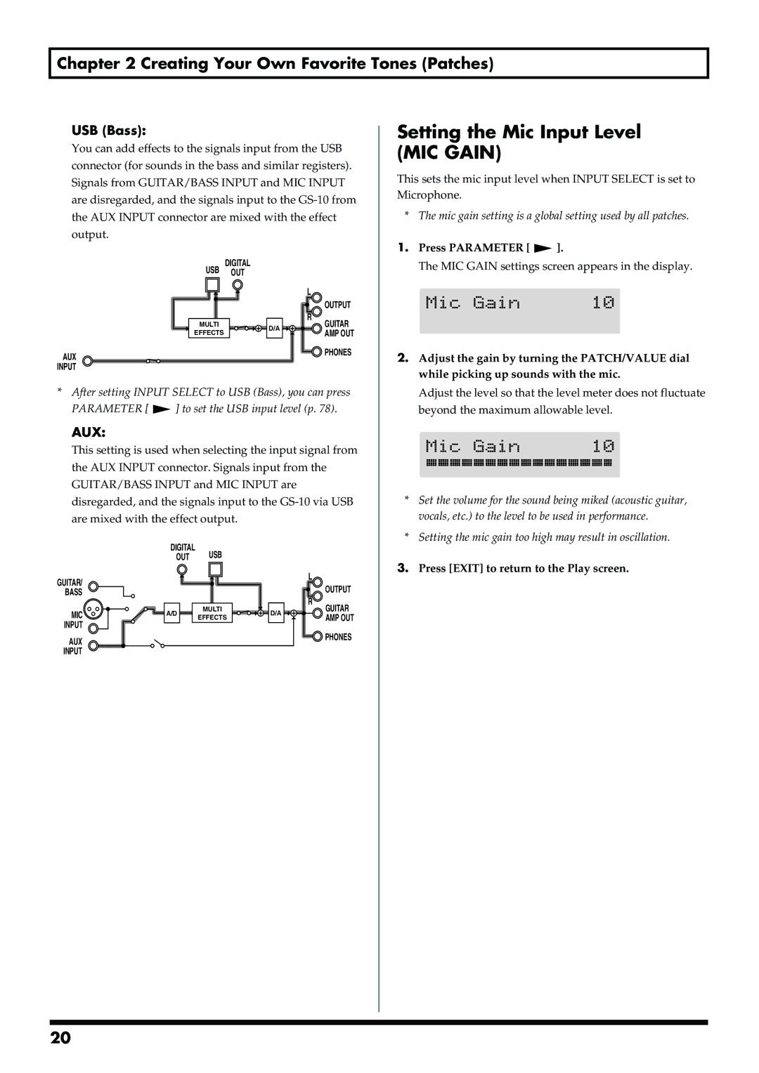 Boss Audio Systems GS-10 owner manual Setting the Mic Input Level MIC Gain, USB Bass, Aux, Press Parameter 