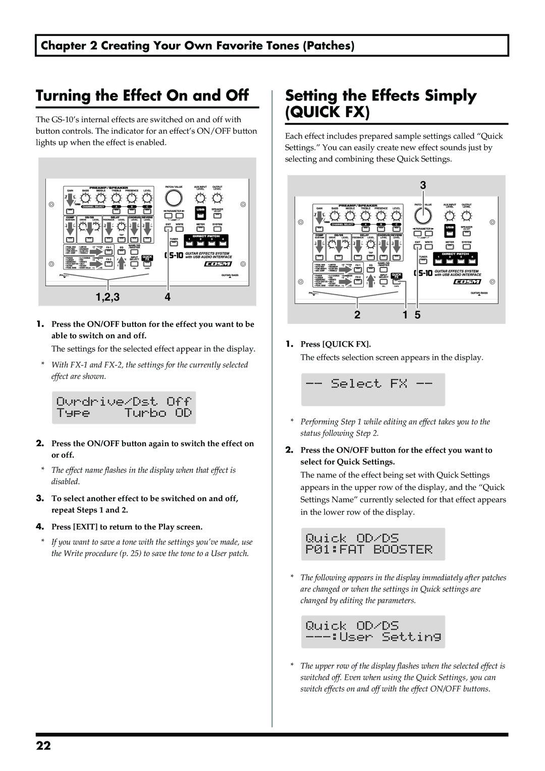 Boss Audio Systems GS-10 owner manual Turning the Effect On and Off, Setting the Effects Simply Quick FX, Press Quick FX 