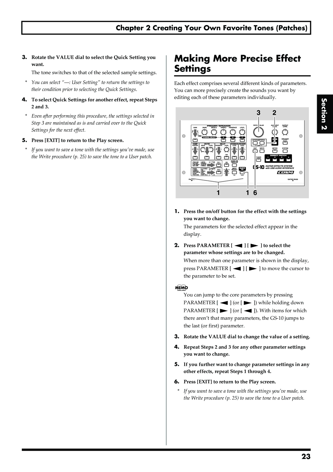 Boss Audio Systems GS-10 Making More Precise Effect Settings, Rotate the Value dial to select the Quick Setting you want 